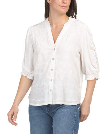 elbow ruched sleeve mixed media top with ruffle collar for women | spandex/rayon