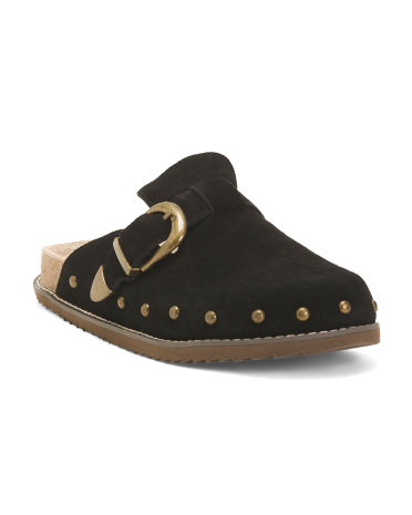 suede bronco slip on studded mules with oversized buckle for women | man-made sole/suede
