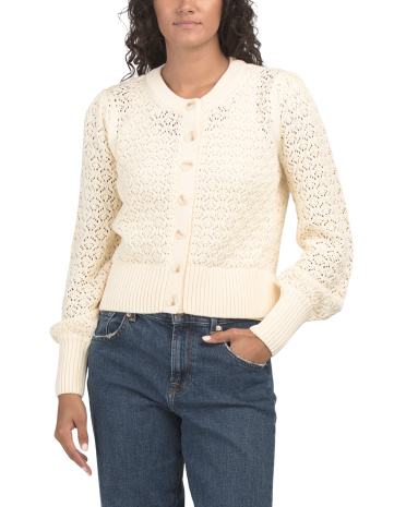 long sleeve crew neck pointelle knit button front cardigan for women | cotton