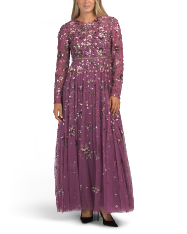 long sleeve embellished gown for women | polyester