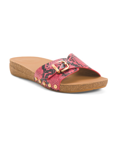 leather iqushion adjustable buckle snake embossed slides for women | leather/man-made sole