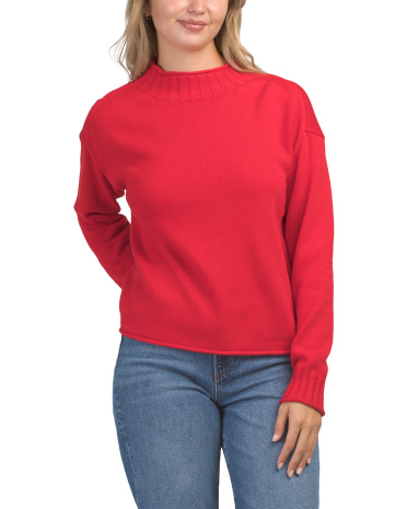 rolled edge mock neck sweater for women | cotton