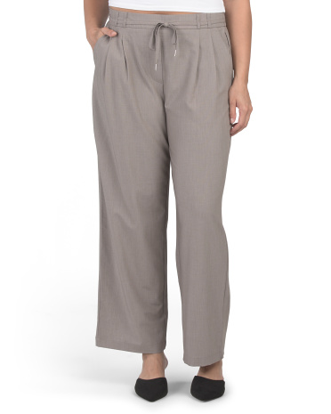 belted pleated front wide leg pants for women | polyester/spandex/rayon
