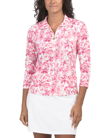 upf 50 printed mock neck quarter zip top for women | polyester/spandex