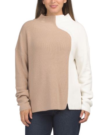 cotton color block mock neck sweater for women