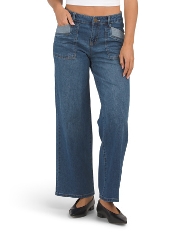 wide leg jeans with reverse denim utility pockets for women | polyester/spandex/rayon